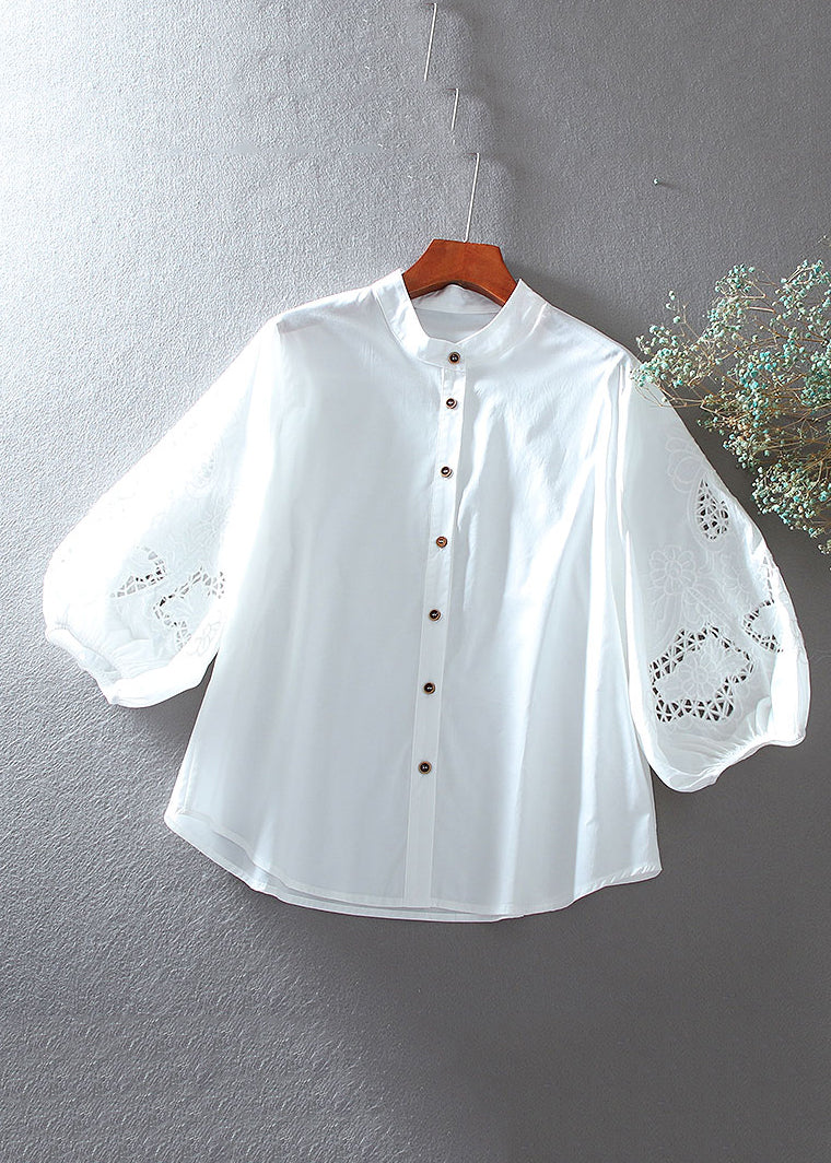 Brief White O-neck Hollow Out Cotton Shirt Bracelet Sleeve