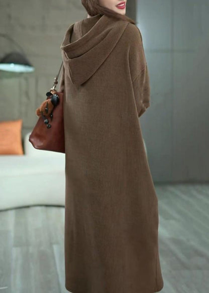 Loose Coffee Hooded Pockets Long Dress Winter