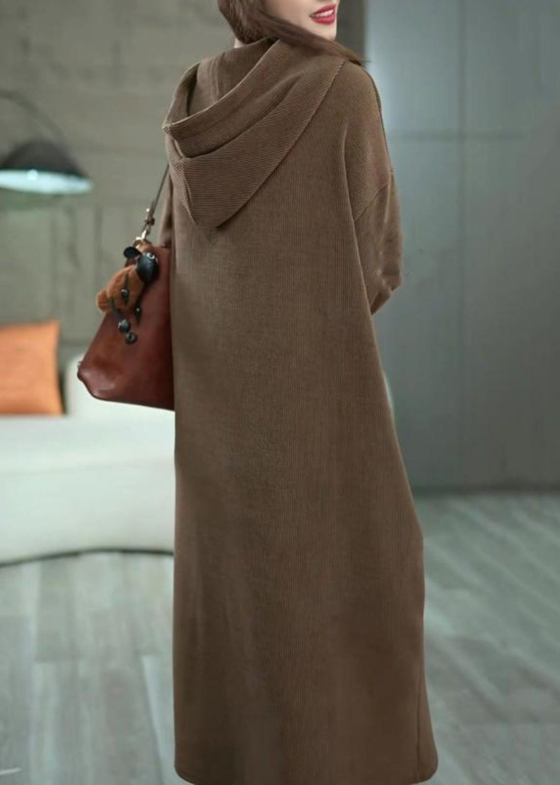 Loose Coffee Hooded Pockets Long Dress Winter