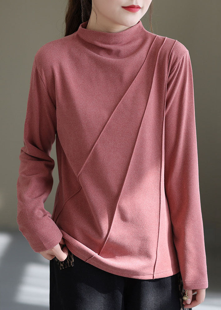 Pink High Neck Wrinkled Velour Shirt Winter