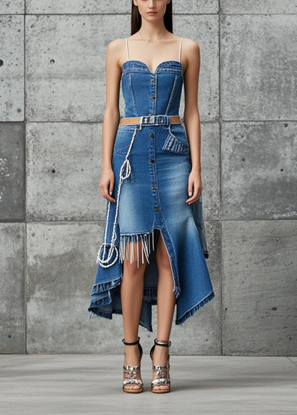 Blue Asymmetrical Design Silm Fit Denim Spaghetti Strap Dress Summer