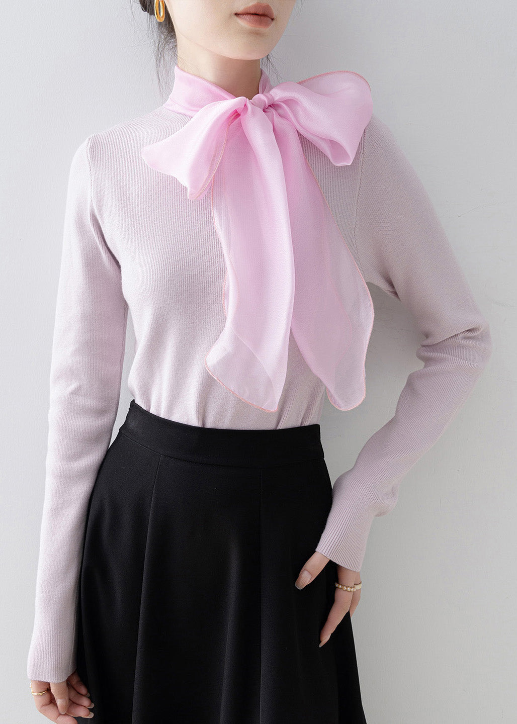 Pink Hign Neck Bow Slim Fit Knit Sweaters Spring