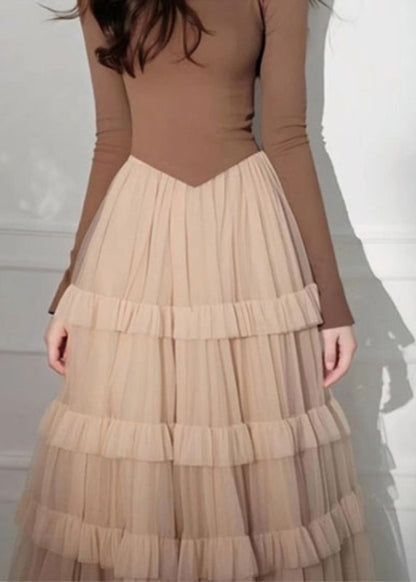 Coffee Square Collar Tulle Patchwork Long Cake Dress Spring