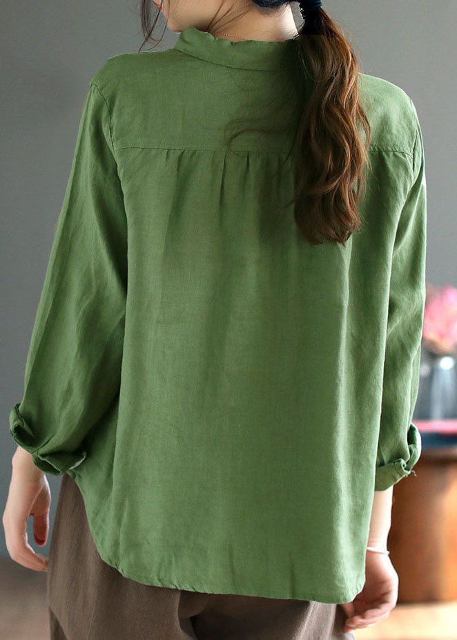 Style Green Embroidered Patchwork Linen Shirts Spring