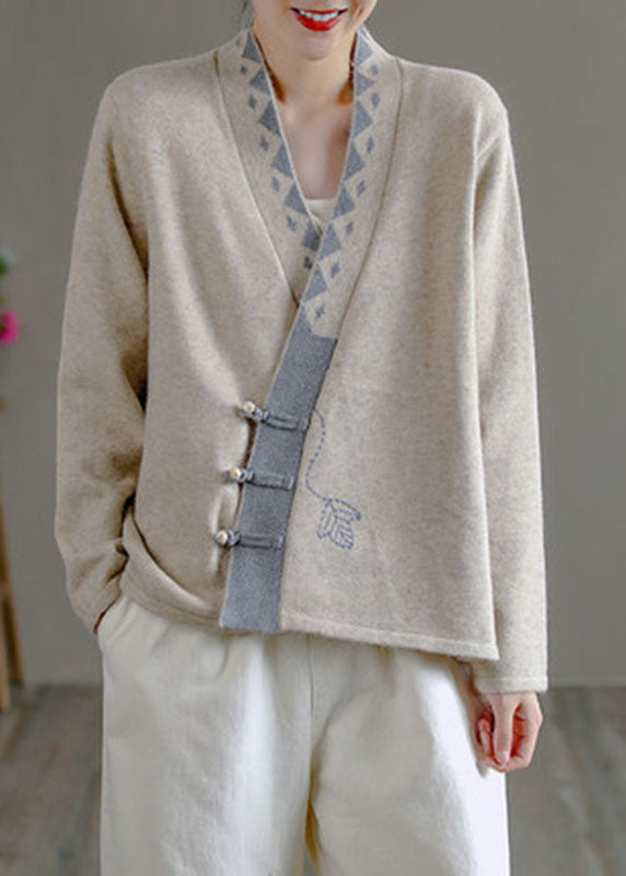 Art Beige V Neck Embroidered Asymmetrical Design Patchwork Fall Knit Sweaters