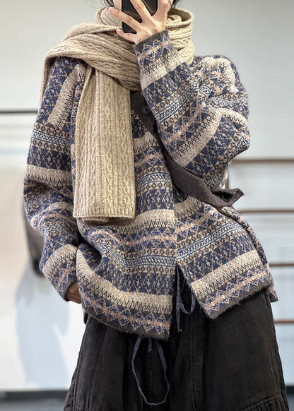 Blue Asymmetrical Oversized Print Wool Knit Cardigan Winter