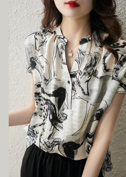 New V Neck Print Chiffon Tops Summer