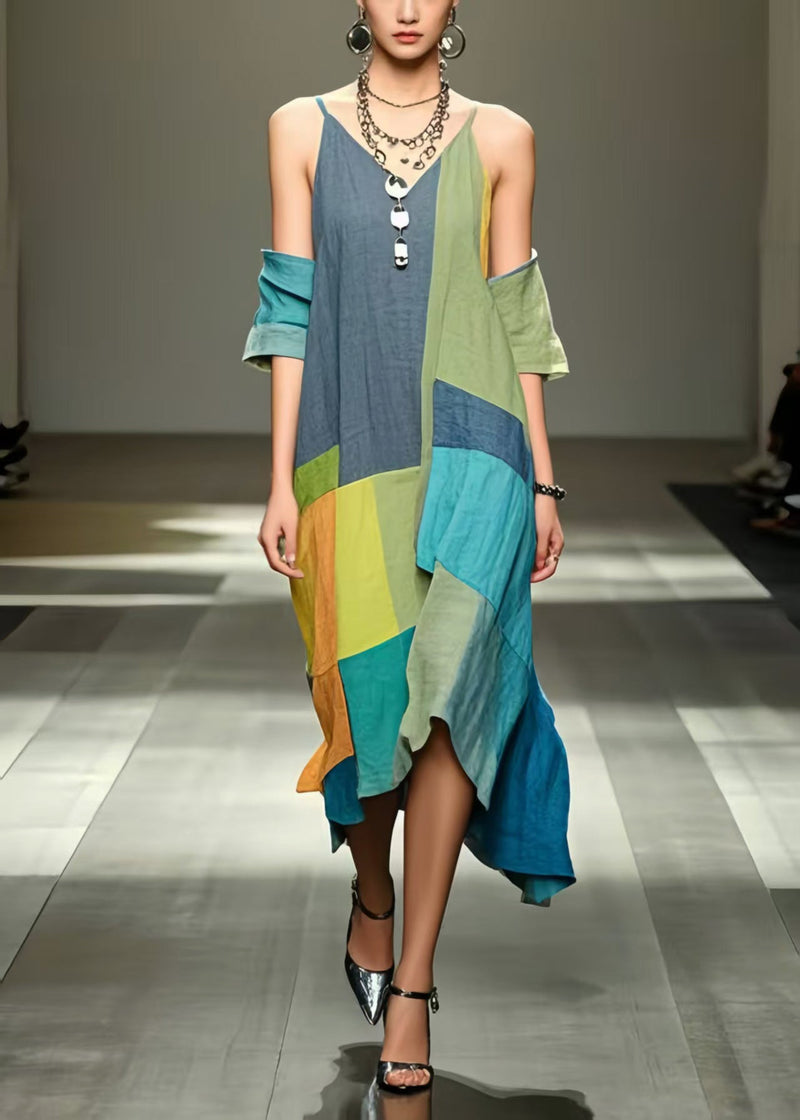 Art Colorblock Asymmetrical Patchwork Applique Cotton Cold Shoulder Dress Summer
