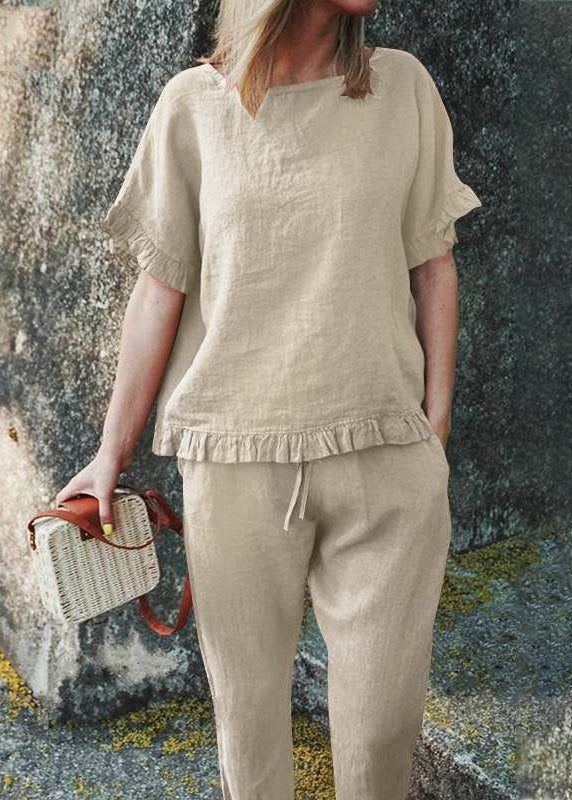 Khaki Ruffled Patchwork Top and Crop Pants Two Pieces Set Short Sleeve
