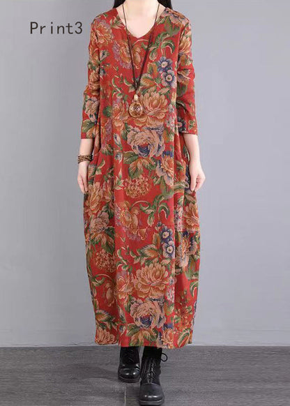 Print V Neck Patchwork Cotton Long Dress Fall