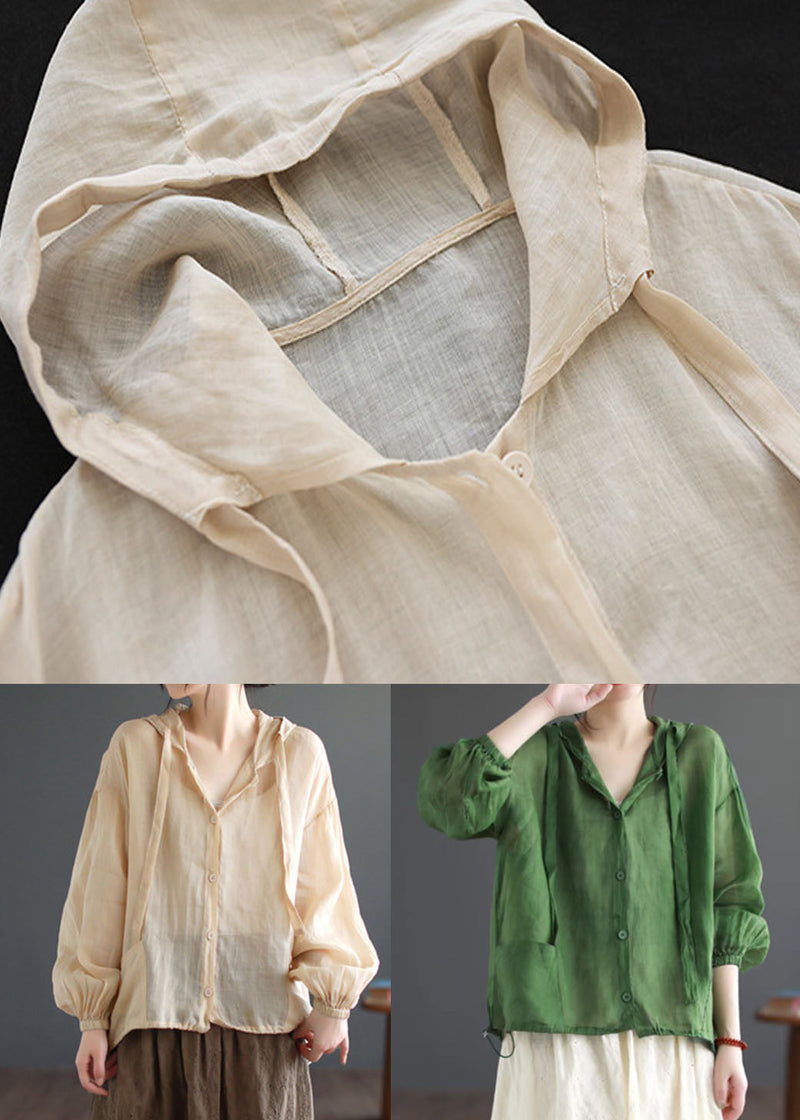 Green Hooded Pockets Patchwork Linen Thin Coat Summer