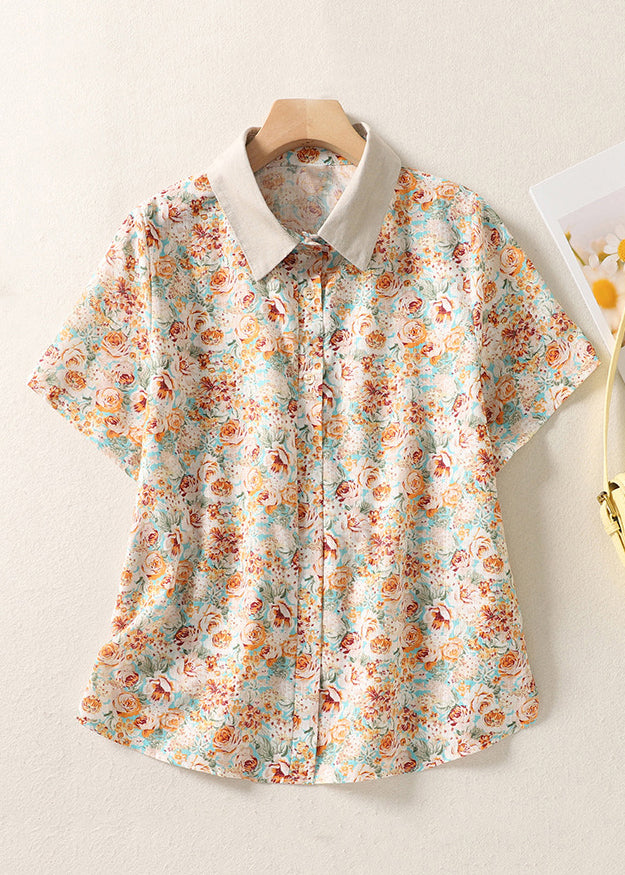Orange Peter Pan Collar Print Cotton Shirt Summer