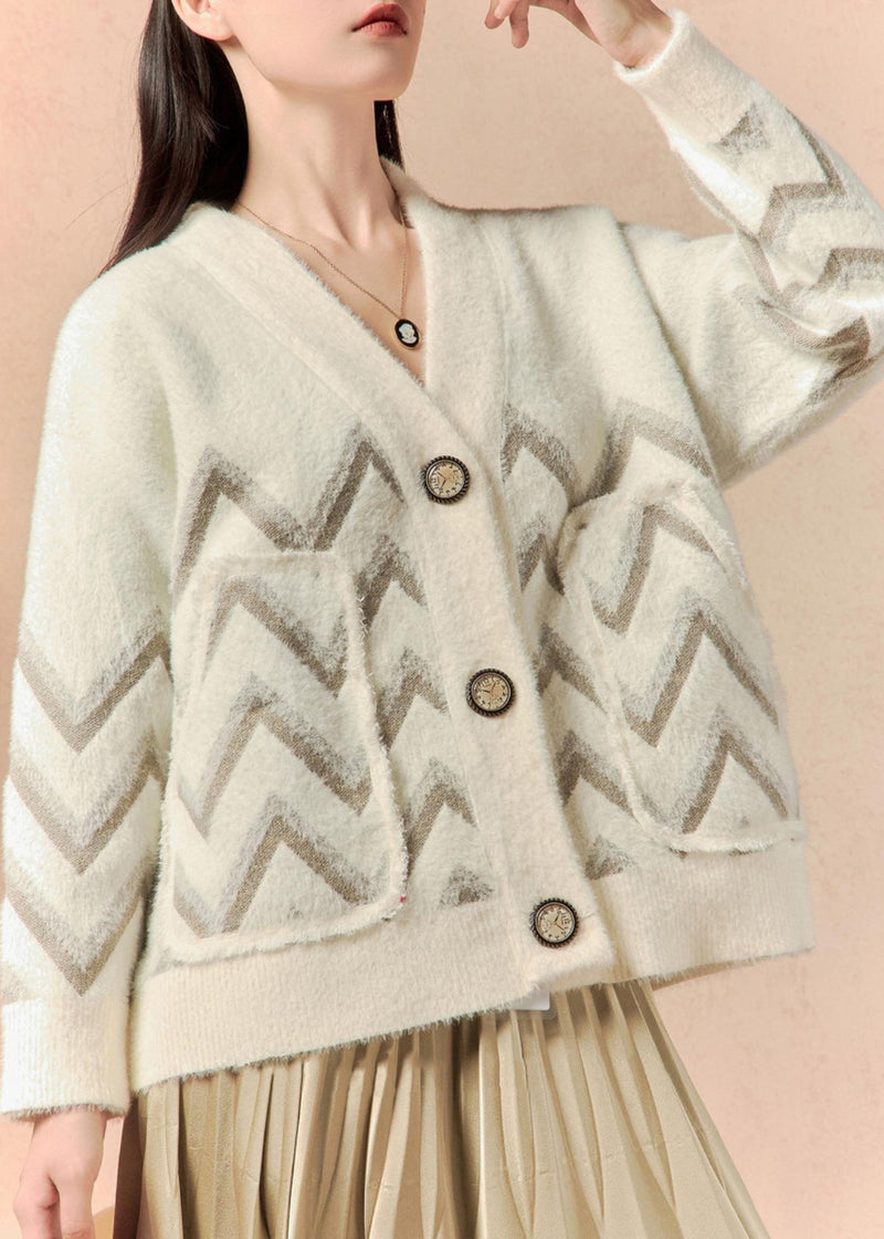 Beige V Neck Button Pockets Knit Coat Winter
