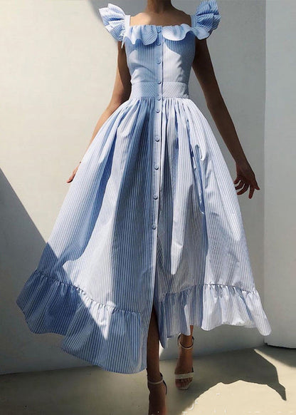 French Blue Striped Button Cotton Dresses Butterfly Sleeve