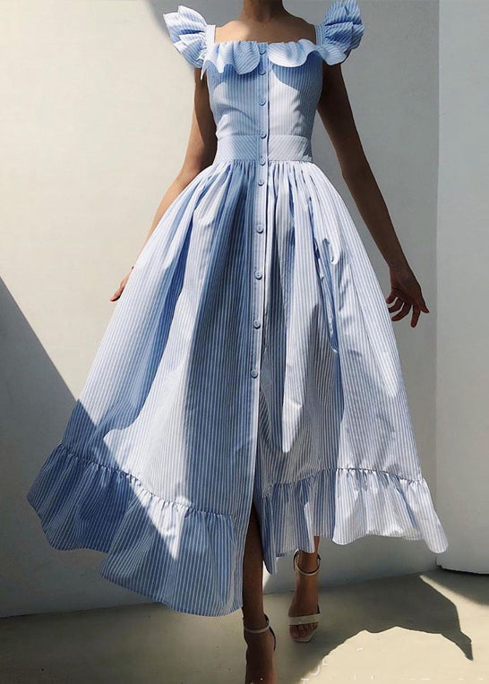French Blue Striped Button Cotton Dresses Butterfly Sleeve