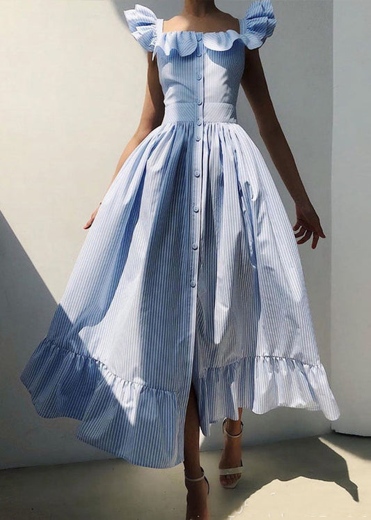 French Blue Striped Button Cotton Dresses Butterfly Sleeve