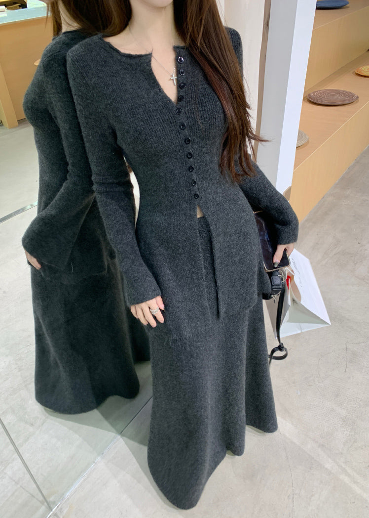 Dark Gray Front Open Sweaters and Skirts Knit Two Pieces Set O Neck Winter