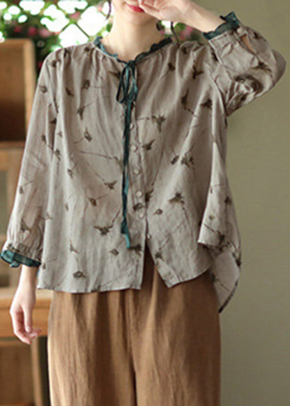 Grey Neck Tie Print Ramie Tops Long Sleeve