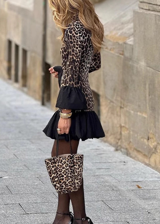 New Leopard Print Ruffle Patchwork Flared Sleeve Dress