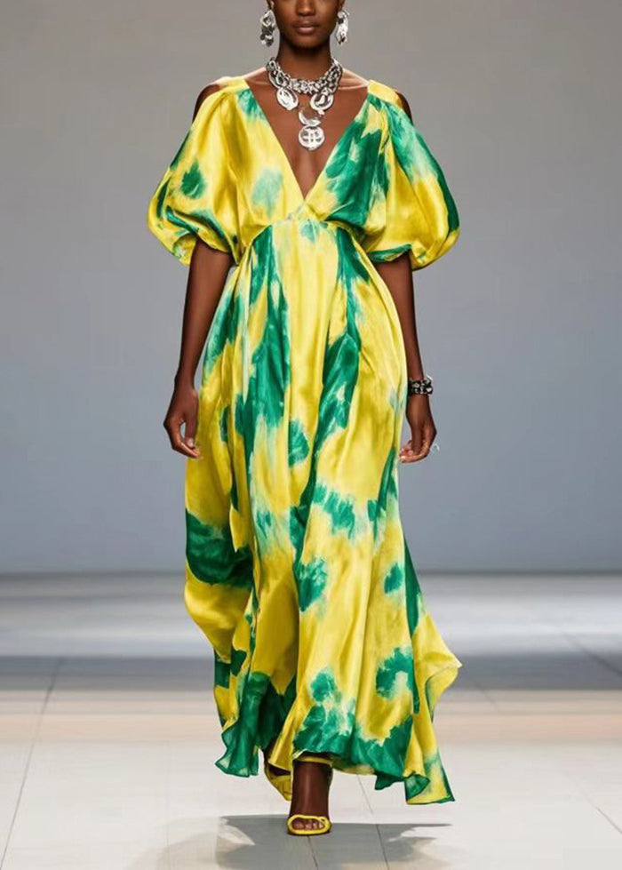 Yellow Cold Shoulder Print Silk Maxi Dresses Lantern Sleeve