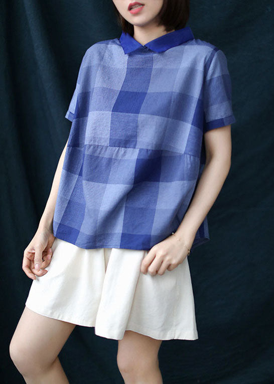 Blue Plaid Peter Pan Collar Patchwork Linen Shirt Tops Summer