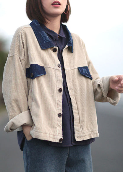 Apricot Peter Pan Collar Button Pockets Patchwork Corduroy Coats Long Sleeve