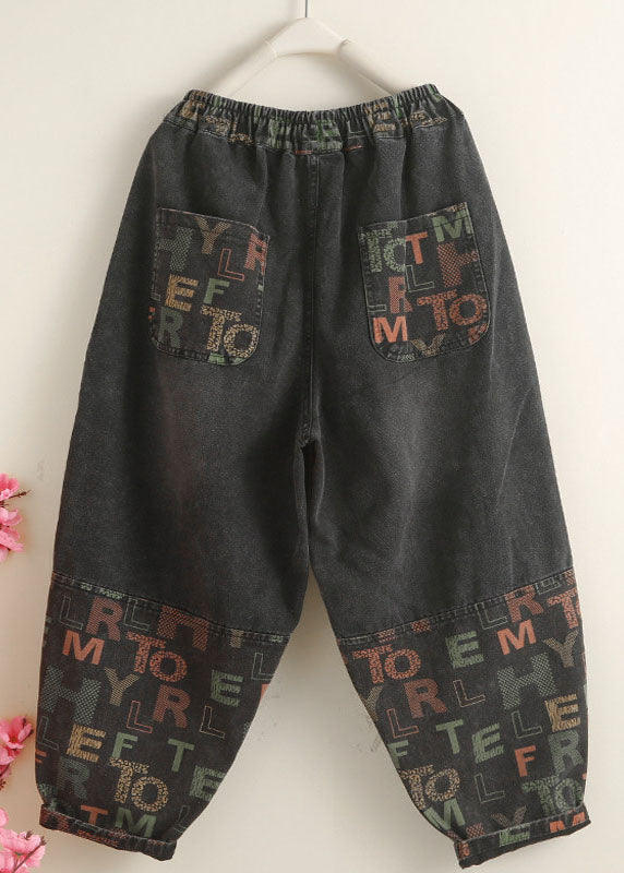 Black Pockets Graphic Print Denim Harem Pants Spring