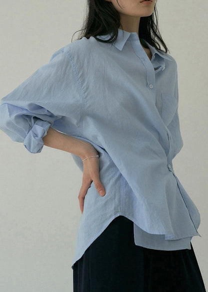 Loose Blue Peter Pan Collar Pockets Button Cotton Shirt Spring