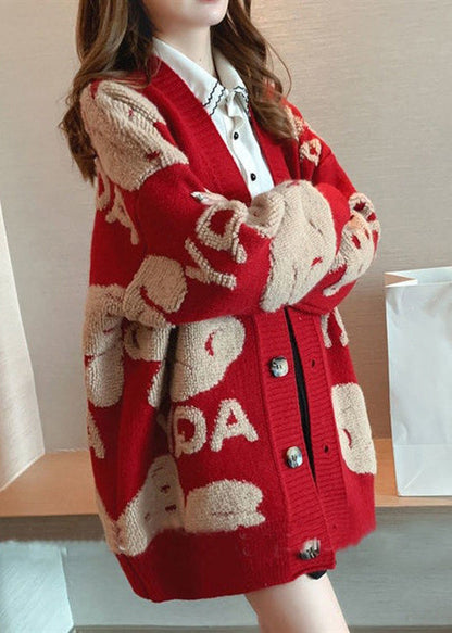 Black Animal Letter Button Cotton Knit Coat Long Sleeve