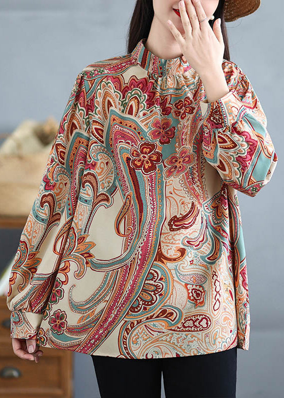 Stand Collar Print Cotton Shirt Tops Fall
