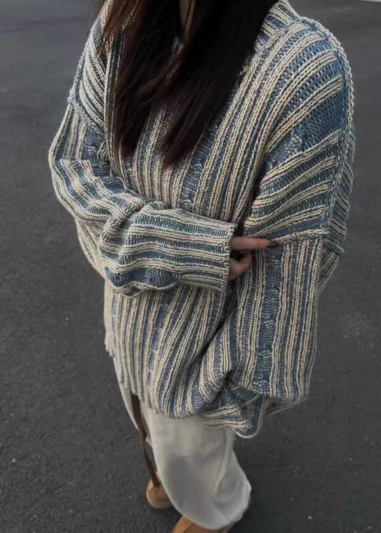 Boutique Blue O Neck Thick Striped Knit Sweaters Fall