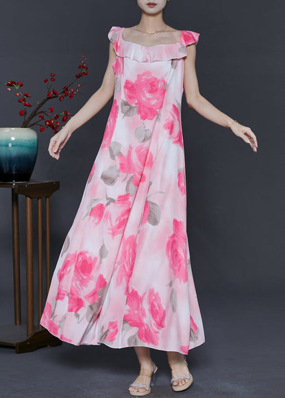 Pink Print Chiffon Long Dress Summer