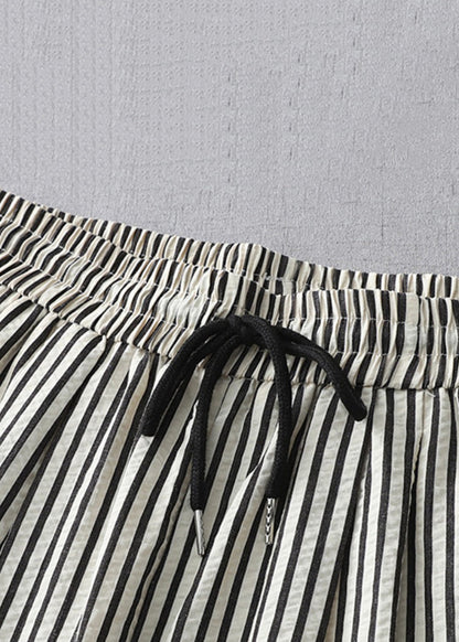 Striped Lace Up Elastic Waist Cotton Crop Pants Summer