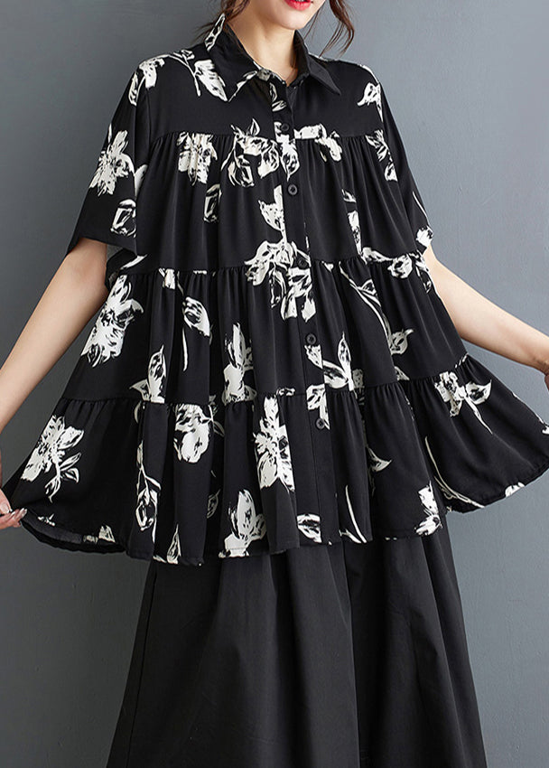 Black Print Cotton a Line Tops Oversized Summer
