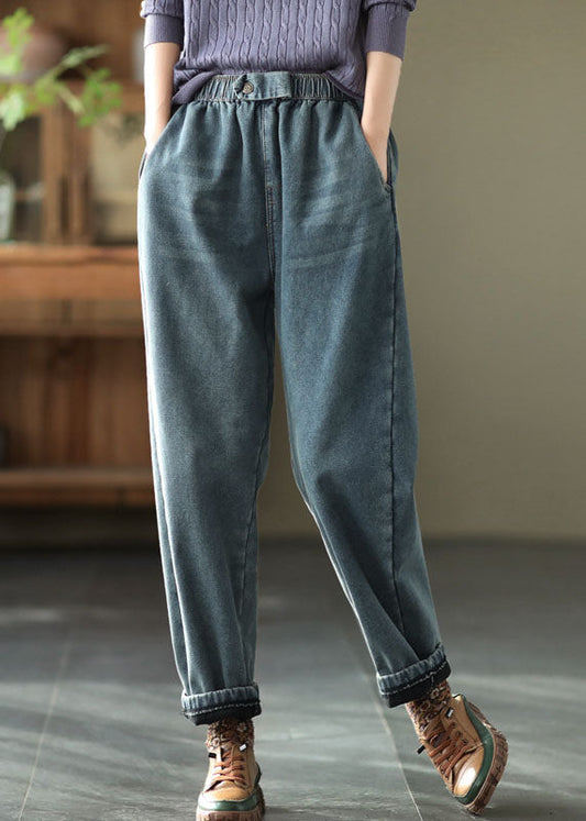Denim Blue Elastic Waist Pockets Thick Warm Fleece Harem Pants Winter