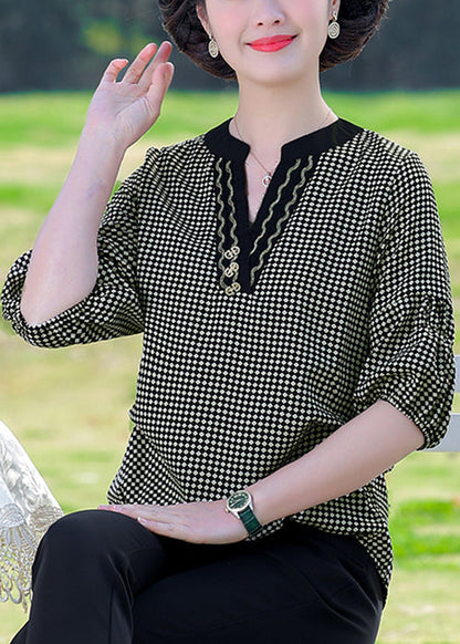 Coffee Plaid Patchwork Cotton T Shirt V Neck Summer