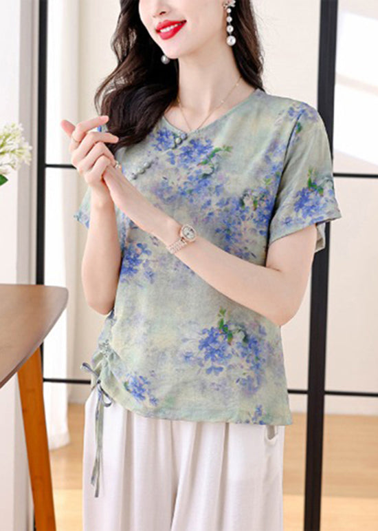Yellow O Neck Print Drawstring Cotton Shirt Summer