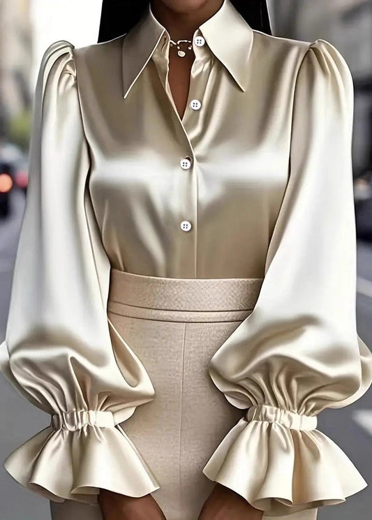 Apricot Peter Pan Collar Puff Sleeve Silk Shirts Top