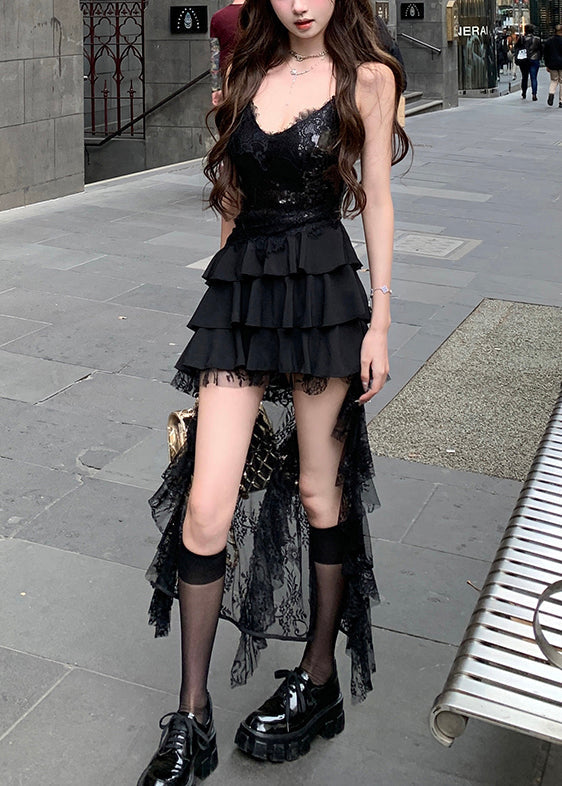 Black Sequins Lace Low High Design Dress Sleeveless