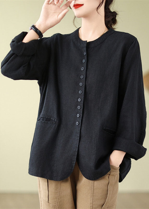 Linen O-neck Pockets Button Shirt Fall