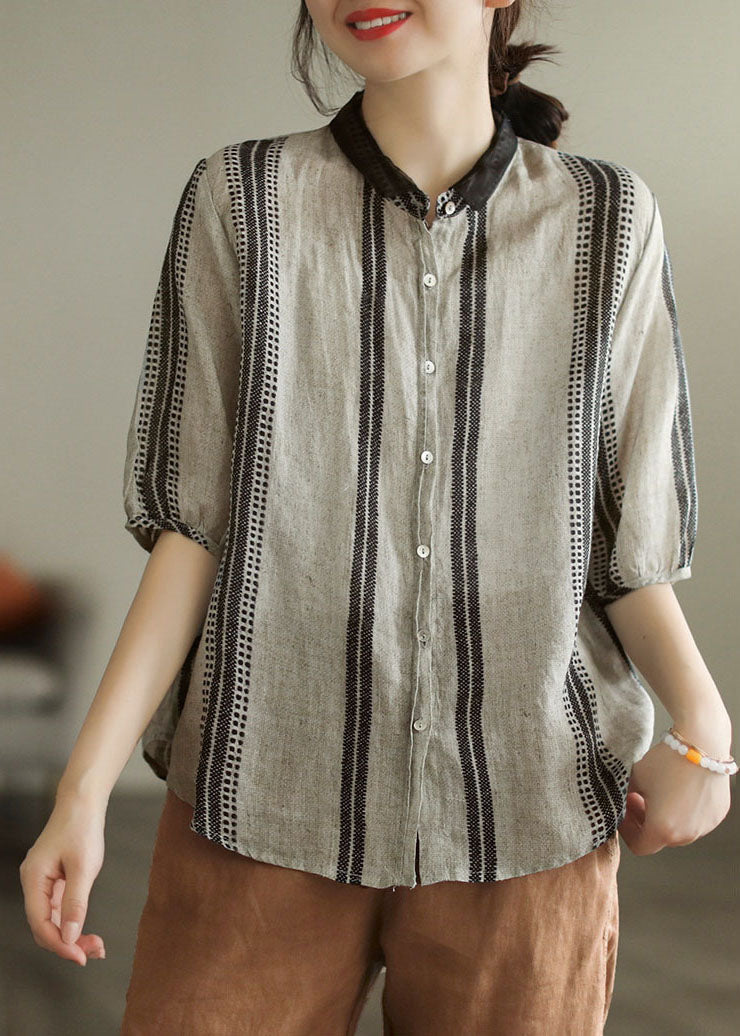 Black Grey Peter Pan Collar Print Patchwork Linen Shirt Top Summer