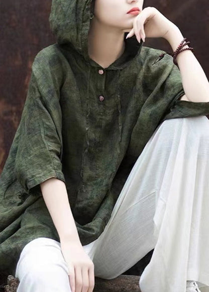 Blackish Green Print Button Hooded Top Summer