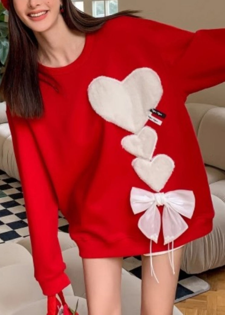 Loose Red O-neck Love Bow Knit Sweaters Spring