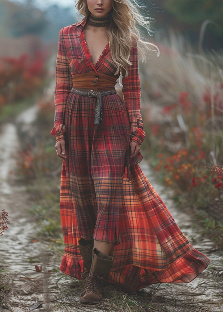 Pastoral Style Plaid Maxi Dress Long Sleeve