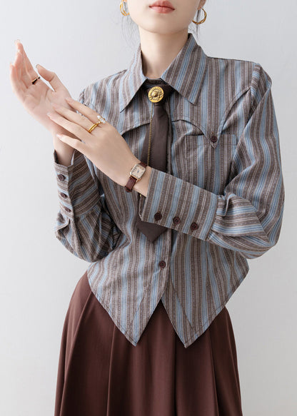 Peter Pan Collar Striped Cotton Shirts Top Spring