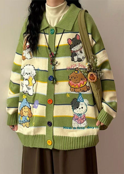 Green Embroidered Striped Knit Coats Spring