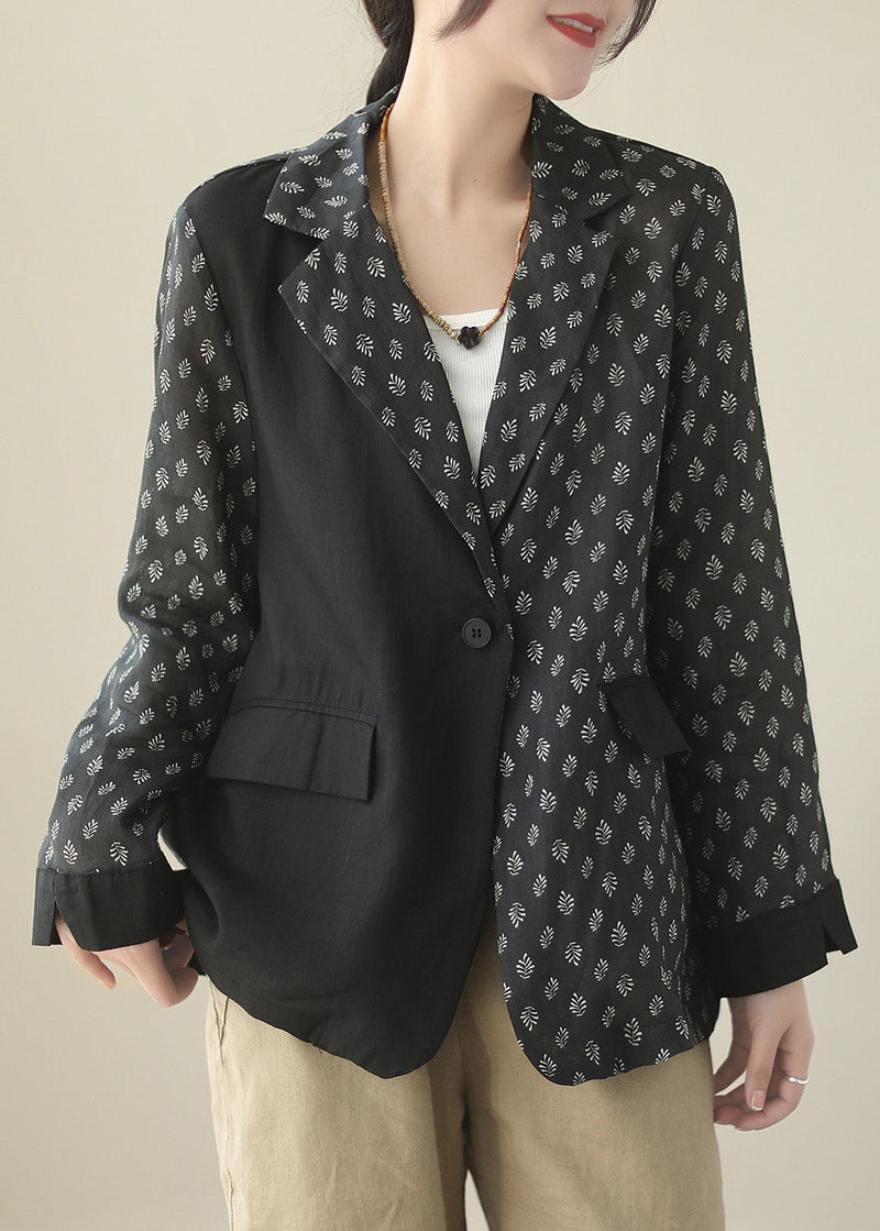 Black Patchwork Button Ramie Coat Spring