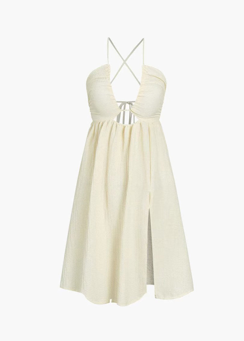 European and American Style V Neck Hollow Out Side Open Summer Dress