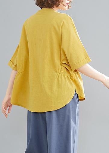 French Yellow Linen Cotton Linen Tops Blouses Cotton Button Down Elastic Waist Blouse