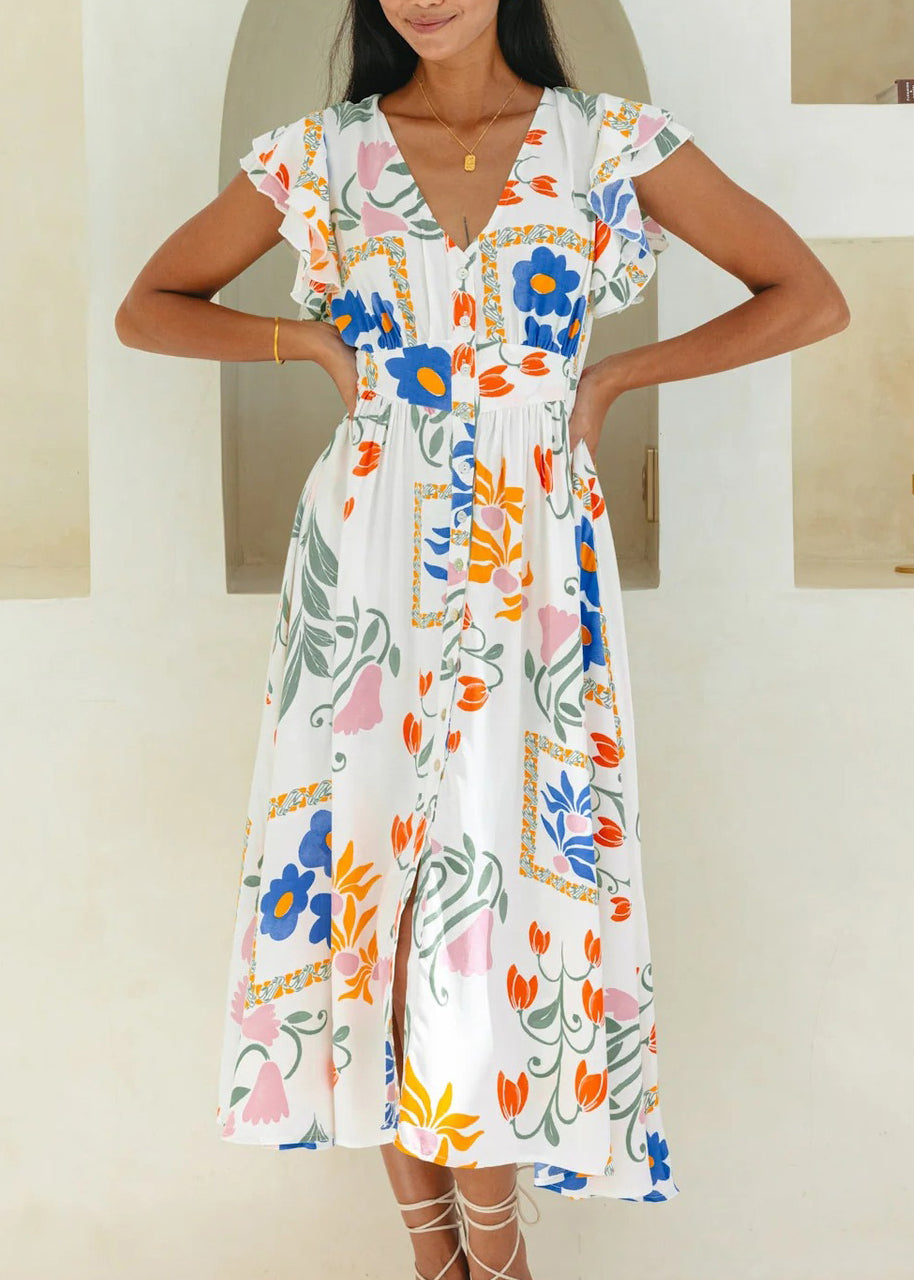 White V Neck Print Cotton Dress Butterfly Sleeve